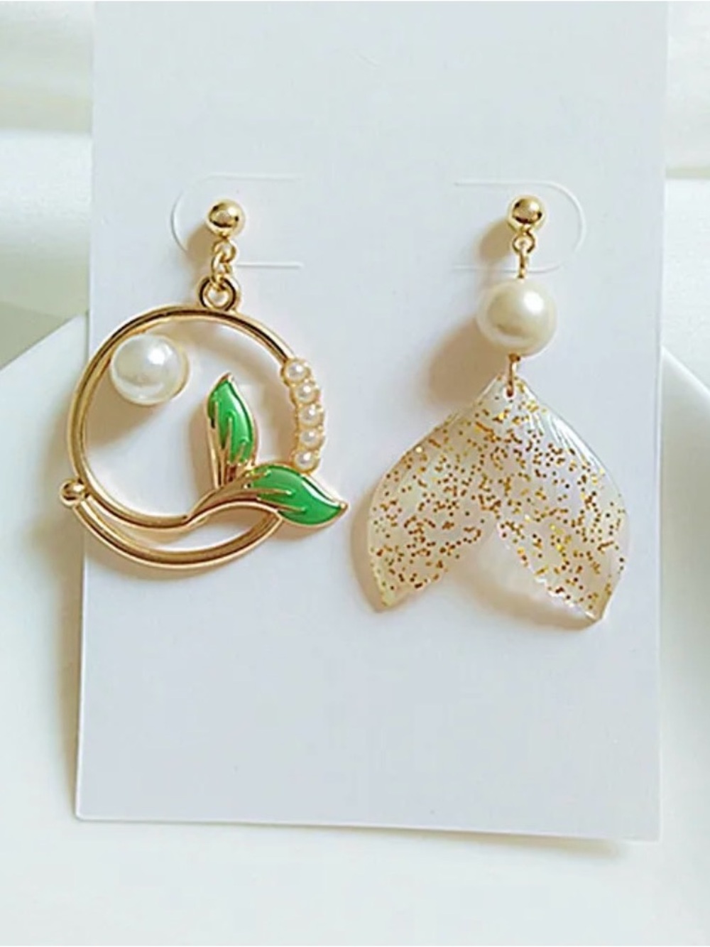 Gold and Pearl Green Fish Tail Asymmetric Drop Earrings